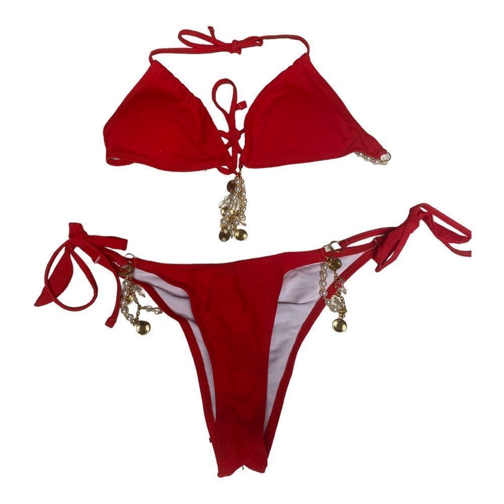 String Bikini Two Piece Swimsuit Red Tie Side & Back Gold Jewelry Accets